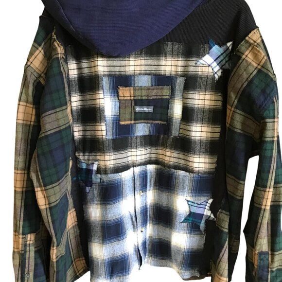 Upcycled Waffle Knit Hoodie: Plus Size XL-2X, Plaid Patches & Appliquéd Stars - Picture 7 of 13